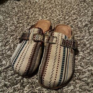 Striped Boho Slip-On Clogs in Beige, Brown & Blue